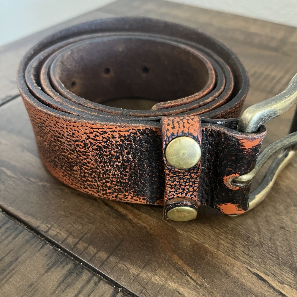 vintage full grain leather‎ 40 brown Orange belt COWHIDE y2k 1990s Heavy Buckle - Picture 2 of 7